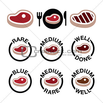 Steak - medium, rare, well done, grilled icons set