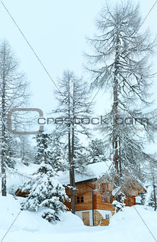 wood house in winter misty mountain