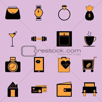 Adult lifestyle black and orange color icons