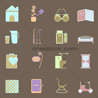 Elderly related colorful icons set