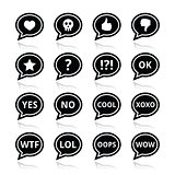 Speech bubble emotion icons - love, like, anger, wtf, lol, ok