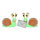 Two funny cartoon snails with a letter
