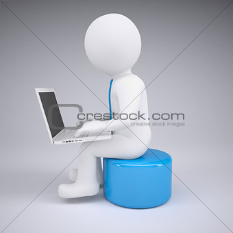 White 3d man working at his laptop