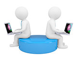 Two white 3d man sitting at laptops