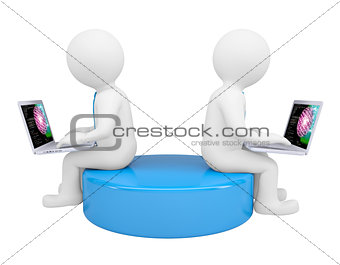 Two white 3d man sitting at laptops