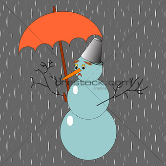 A sad snowman with umbrella in the rain