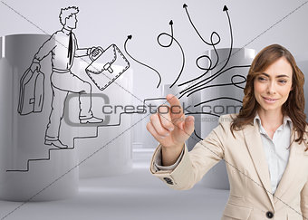 Composite image of portrait of businesswoman touching invisible screen