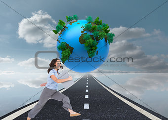 Composite image of cheerful classy businesswoman jumping while holding clipboard