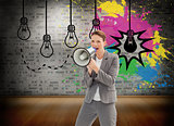 Composite image of businesswoman talking on a megaphone