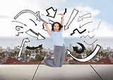 Composite image of happy classy businesswoman jumping while holding clipboard