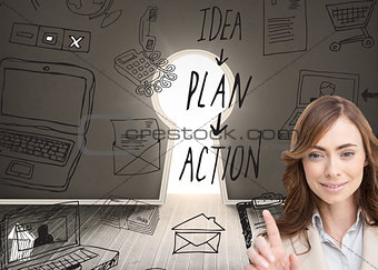 Composite image of classy businesswoman touching invisible screen