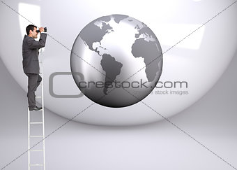 Composite image of businessman standing on ladder using binoculars