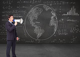 Composite image of standing businessman shouting through a megaphone
