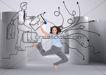 Composite image of cheerful classy businesswoman jumping while holding megaphone