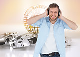 Composite image of trendy model listening to music and looking at camera