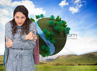 Composite image of peaceful pretty model with winter clothes being cold