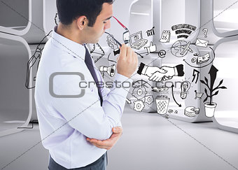 Composite image of unsmiling businessman holding glasses