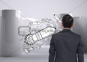 Composite image of comic pencil rocket on abstract grey background