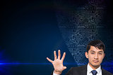 Composite image of unsmiling businessman holding and pointing
