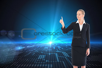 Composite image of young blonde business woman pointing