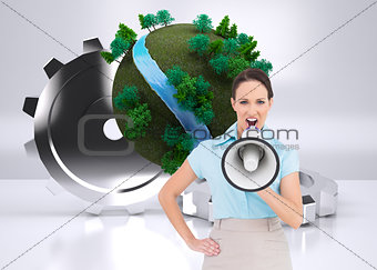 Composite image of furious classy businesswoman talking in megaphone