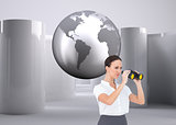 Composite image of serious elegant businesswoman looking through binoculars