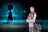 Composite image of attractive student holding books and her bag while standing