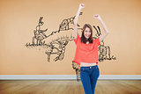 Composite image of laughing teenage wearing casual clothes while raising her arms