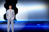 Composite image of attractive businessman with hands in pockets