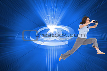 Composite image of cheerful classy businesswoman jumping while holding binoculars