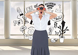 Composite image of shocked elegant businesswoman looking through binoculars