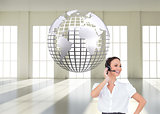 Composite image of cheerful smart call center agent working