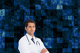 Composite image of serious doctor with arms crossed