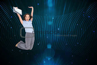 Composite image of happy classy businesswoman jumping while holding clipboard
