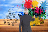 Composite image of rear view of businessman standing and writing
