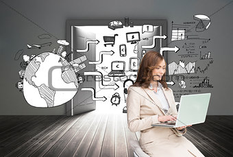 Composite image of smiling businesswoman sitting and using laptop