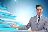 Composite image of young businessman presenting something