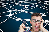 Composite image of frustrated man on a call