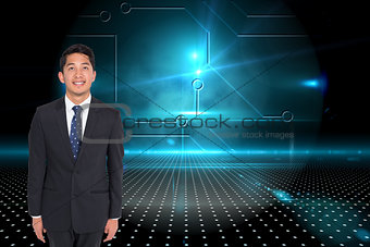 Composite image of cheerful businessman looking up