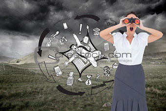 Composite image of shocked elegant businesswoman looking through binoculars