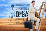 Composite image of businesswoman climbing career ladder with briefcase and looking at camera