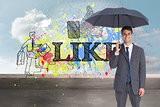 Composite image of happy businessman holding grey umbrella
