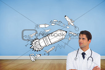 Composite image of confident doctor with arms crossed looking up