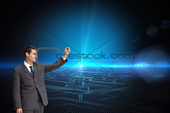 Composite image of smiling businessman holding something up in the air