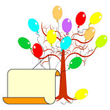 A tree with many colorful balloons and a big blank paper for con