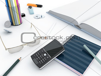different office objects and equipment on a white background