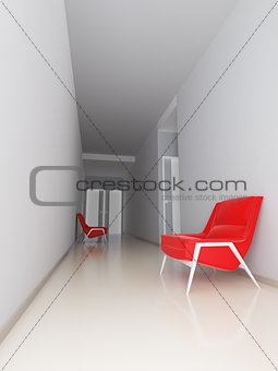 light empty hall of business center with red arm-chairs at walls