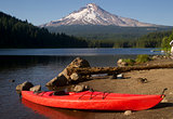 Single Red Kayak on Shore Trillium Lake Mount Hood Oregon