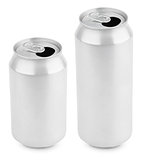 Two opened aluminum cans of beer on white