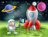 Cartoon astronaut and vintage rocket